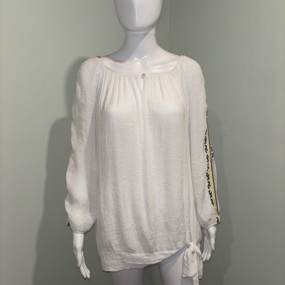 AB Studio White Long Sleeve Blouse w Yellow & Blue Detailing - 2X